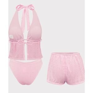Samiol Pink Eyelet Halter Bikini Three-Piece Set Size Large